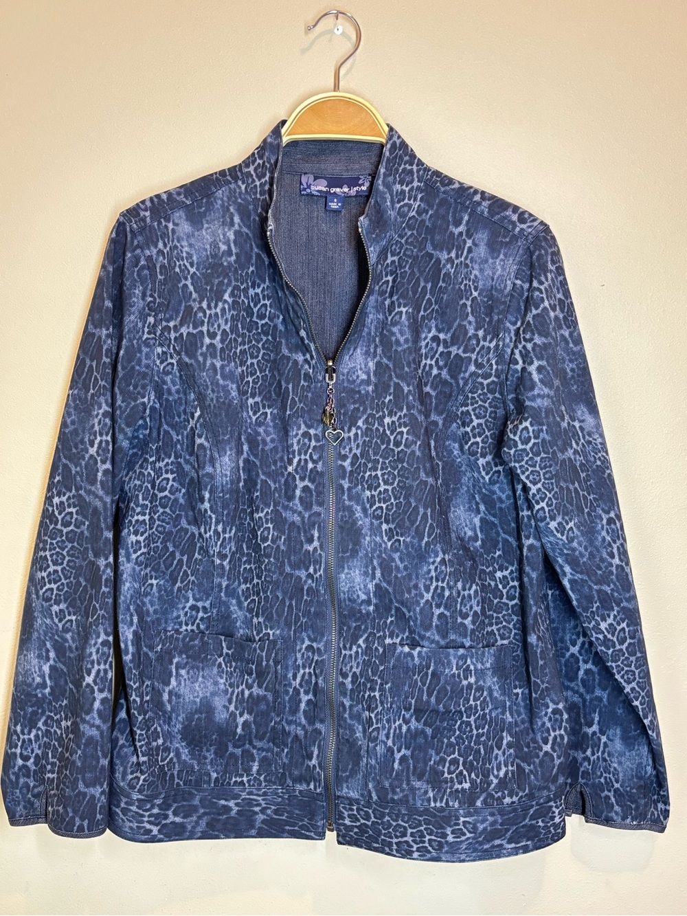 Susan Graver Reversible Stretch Denim Blue Animal-Print Zip-Up Jacket, Small